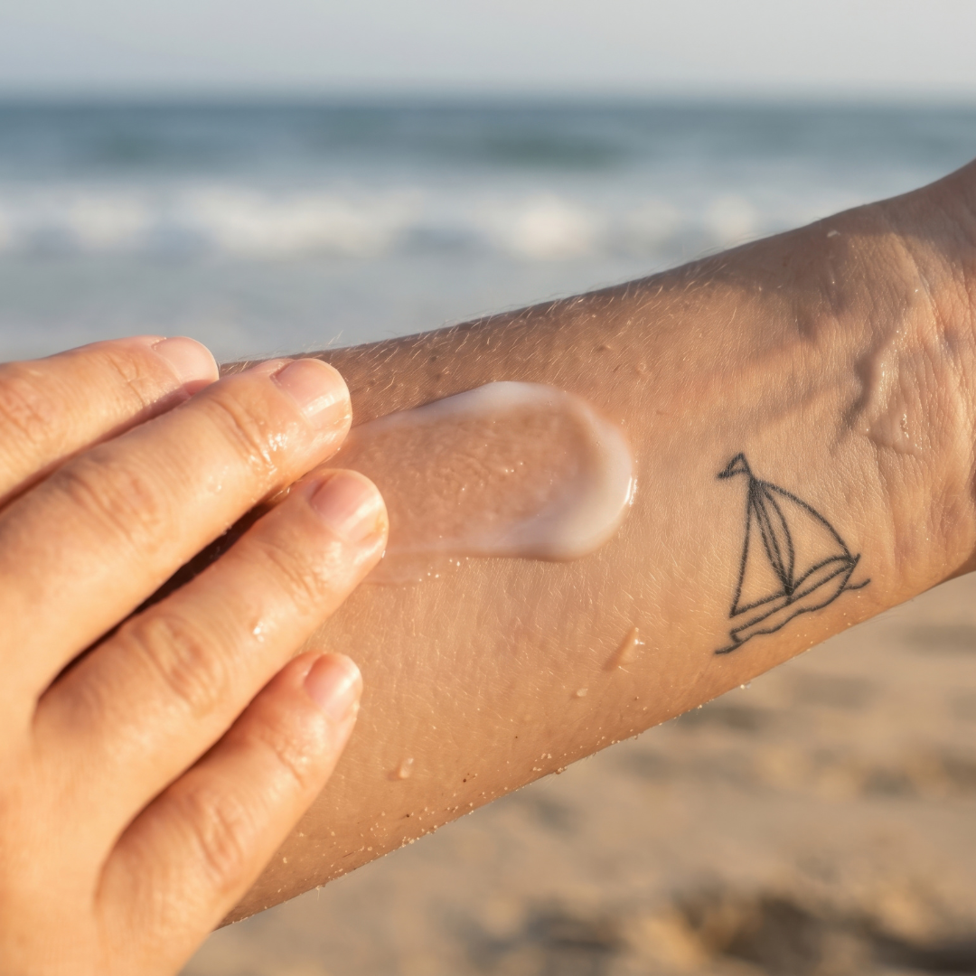 Persona che applica una crema solare su un tatuaggio al braccio in spiaggia, per proteggere la pelle dal sole e preservare il colore