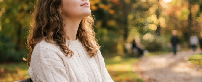 Ragazza sorridente seduta su una panchina in un giardino pieno di alberi con foglie gialle cha cadono simbolo dell'autunno e dell'importanza di preparare le difese naturali per questa stagione.