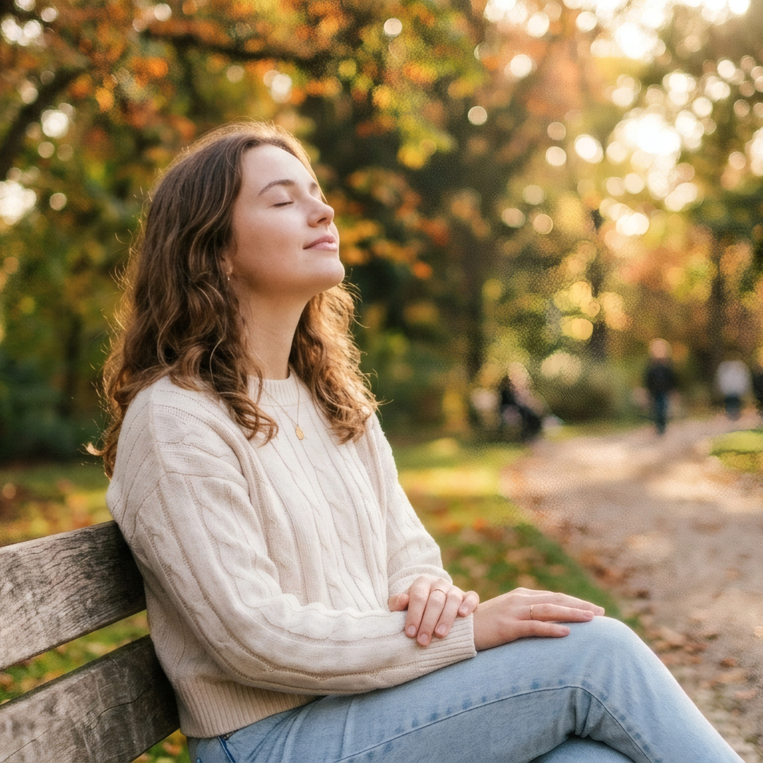 Ragazza sorridente seduta su una panchina in un giardino pieno di alberi con foglie gialle cha cadono simbolo dell'autunno e dell'importanza di preparare le difese naturali per questa stagione.
