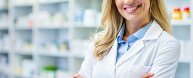 Farmacista sorridente in camice bianco all'interno di una farmacia, in occasione della Giornata mondiale del Farmacista
