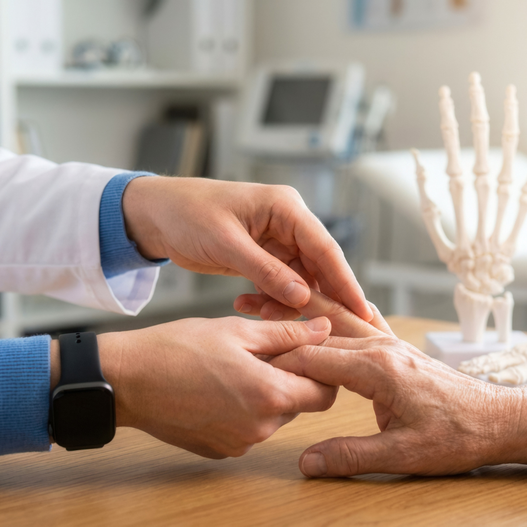 Professionista sanitario che esamina la mano di una persona anziana, con un modello anatomico dello scheletro della mano sullo sfondo, a rappresentare la prevenzione dell'osteoporosi e la salute delle ossa.